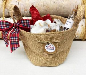 MINI BURLAP WINTER Basket, Snowflake Fire Starters, Holiday Bag of 10 Fire starters, Xmas Farmhouse Rustic Gift