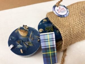 BLUE TARTAN FIRESTARTERS, Rustic Xmas Stocking Stuffer, Set of 4 Firestarters Burlap Bag, Rustic Fireplace Farmhouse Holiday Gift