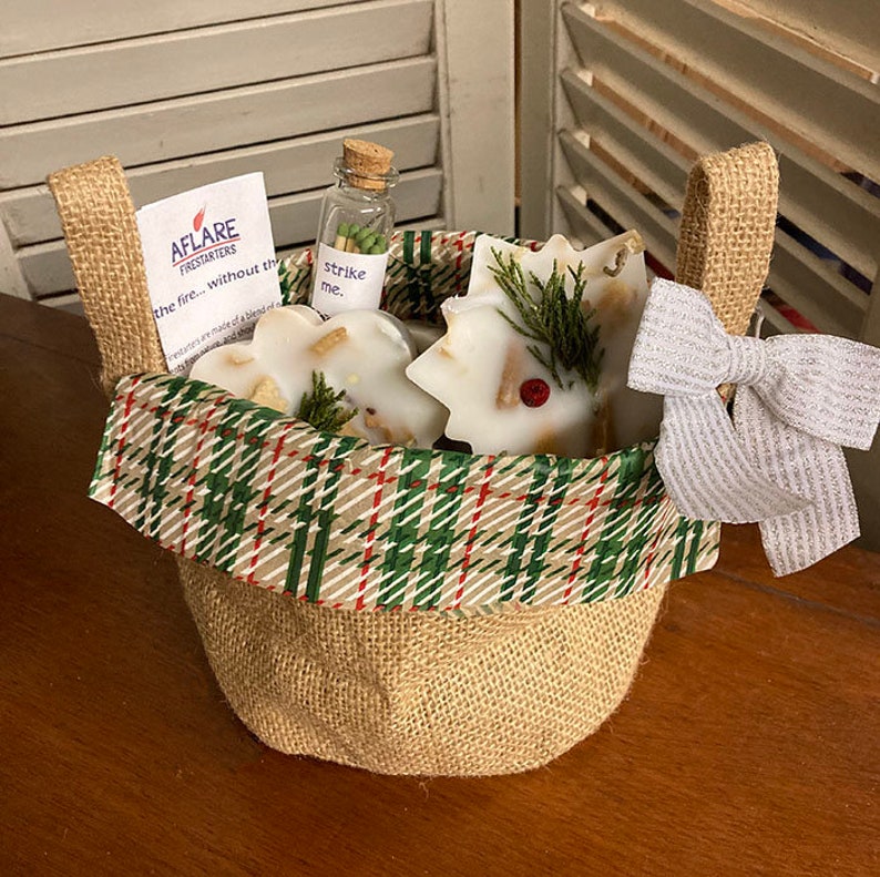 il_794xN.4414929408_4aus.jpg MINI BURLAP WINTER Basket, Snowflake Fire Starters, Xmas Holiday Bag of 10 Firestarters, Xmas Country Farmhouse Rustic Gift - Image 1