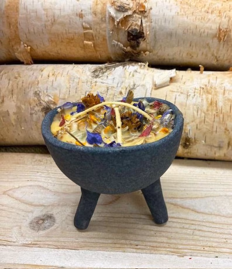 il_794xN.6525073859_1w3m TABLETOP FIRE BOWL Cauldron, Sage & Wildflowers, Solo Magick Fire, Ritual Outdoor Table Fire Bowl, Natural Beeswax Soywax Fire Bowl - Image 1